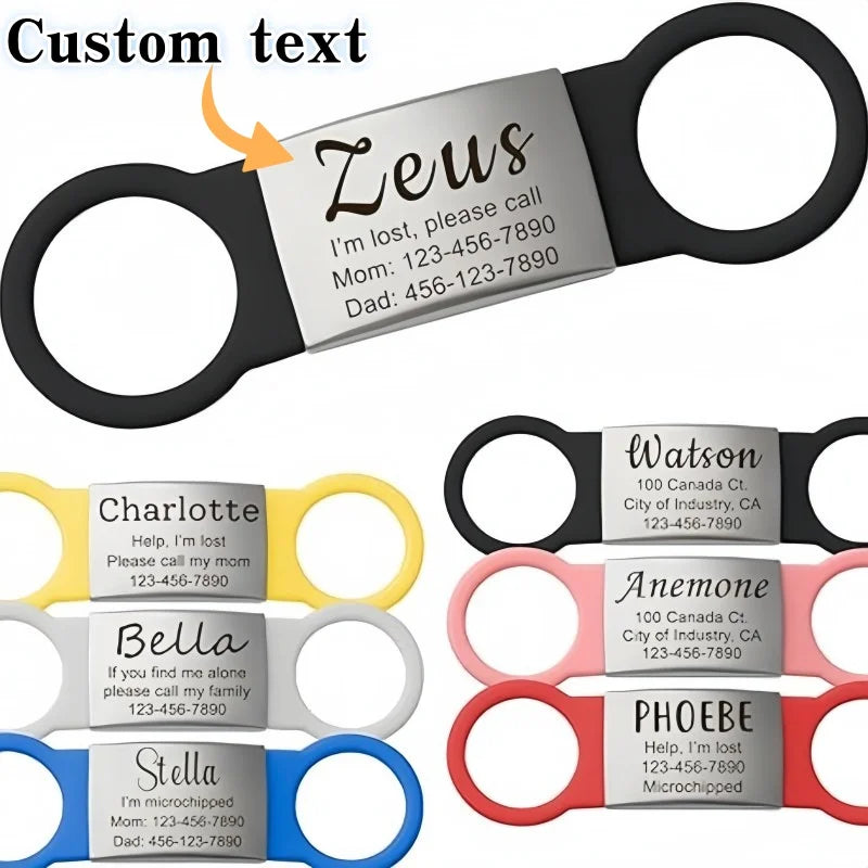 Set of pet collars with customizable text and contact information on a white background