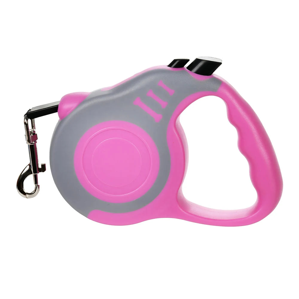 Pink and gray retractable dog leash on a white background
