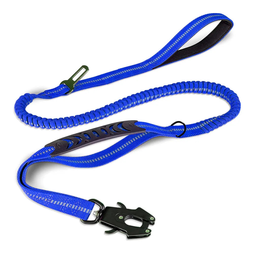 Blue dog leash with black handle on a white background