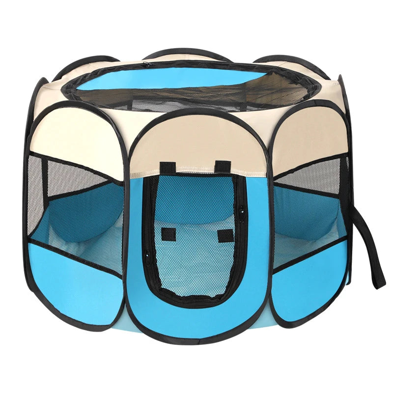 Pet playpen with blue and beige panels on a white background