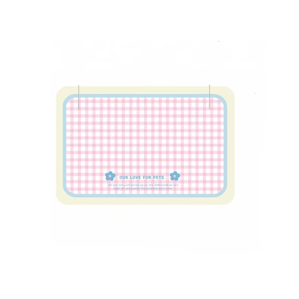 Rectangular pet mat with pink and blue checkered pattern on a white background