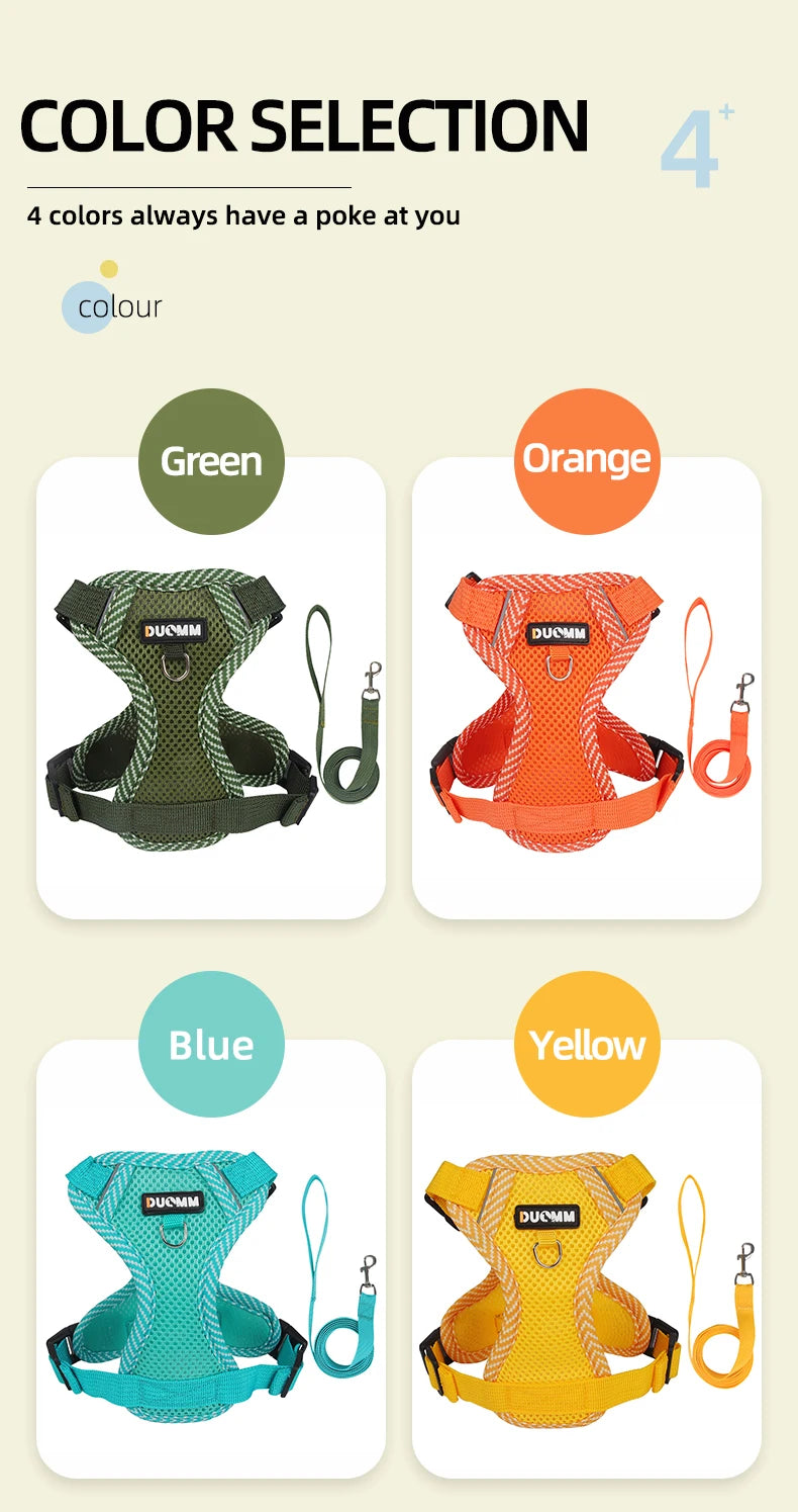 Color selection chart for dog harnesses with green, orange, blue, and yellow options.