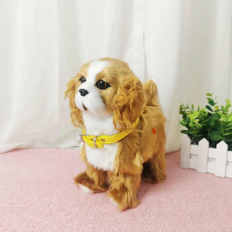 Stuffed dog toy with a yellow collar on a pink surface with a white curtain and plant in the background