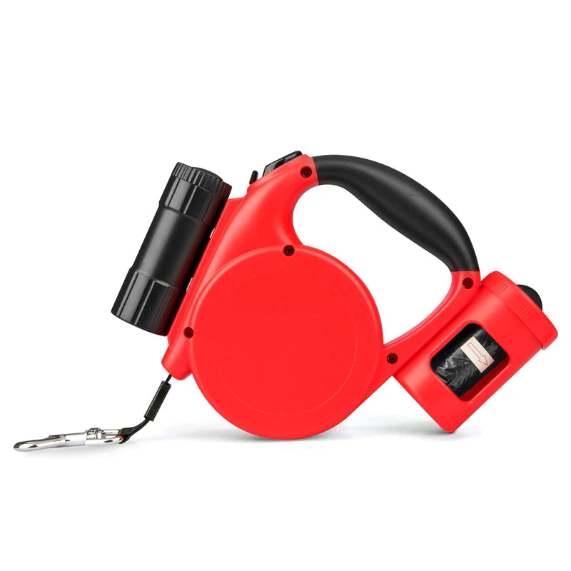 Red retractable dog leash with black handle on a white background
