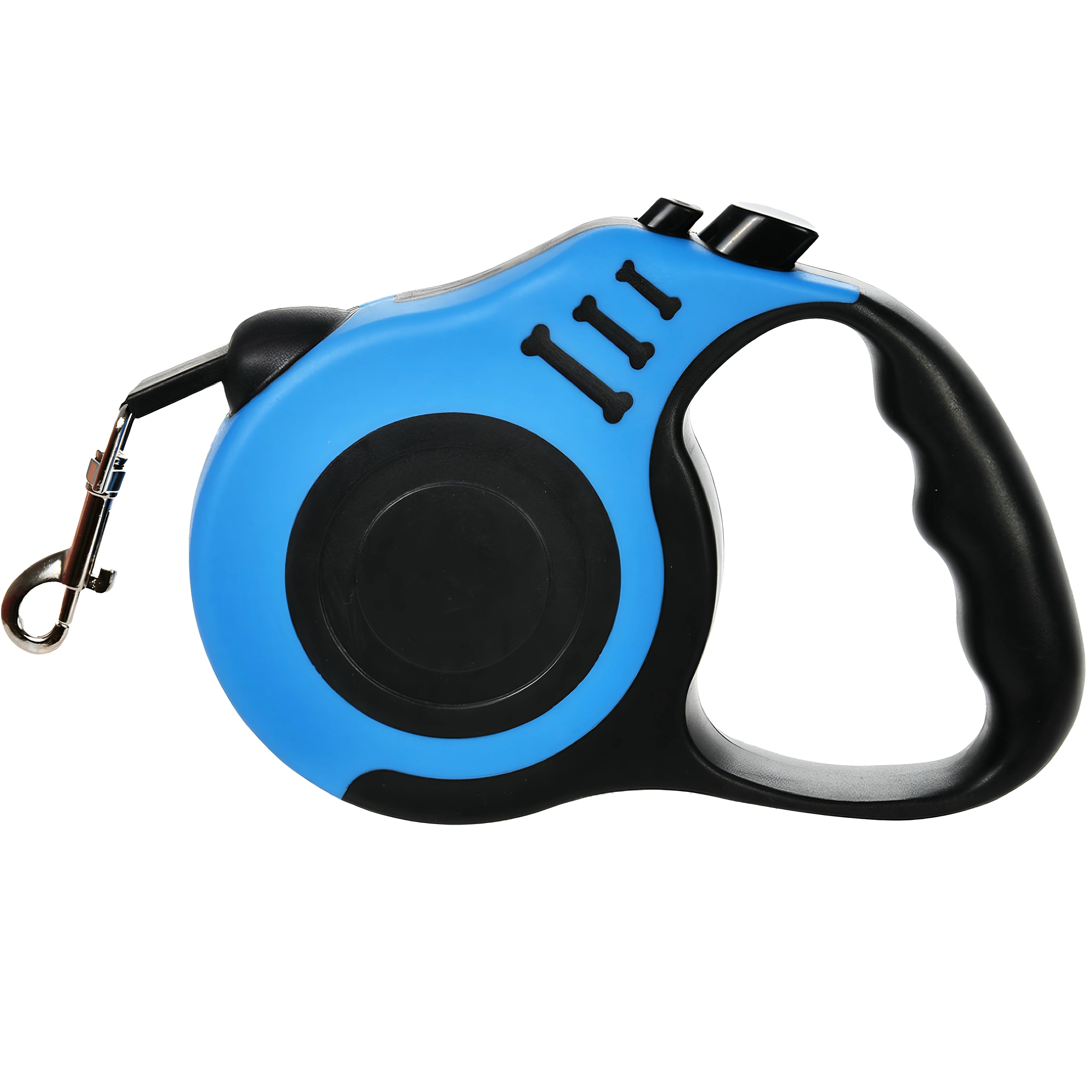 Blue and black retractable dog leash on a white background