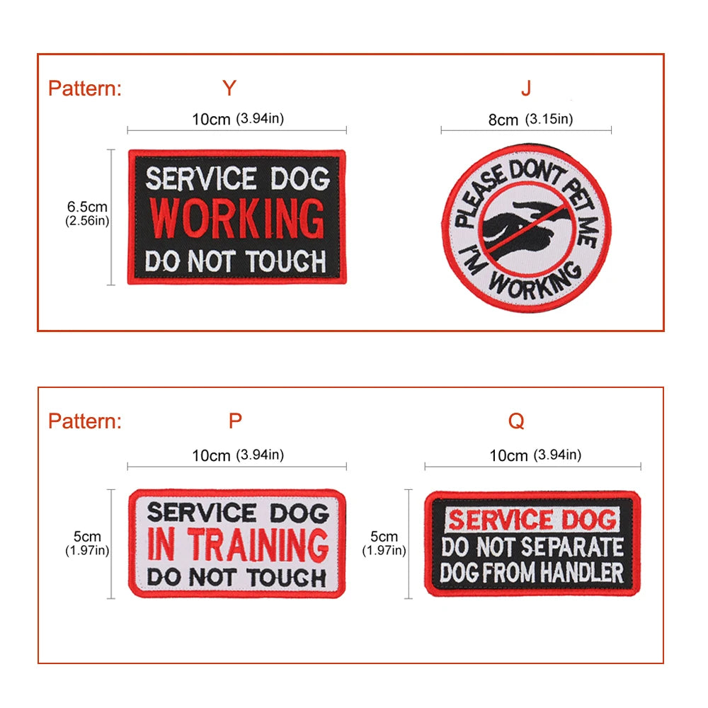Set of service dog patches with text and dimensions on a white background