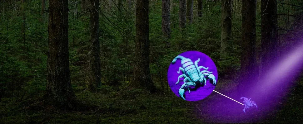 Scorpion with a glowing purple light in a dark forest