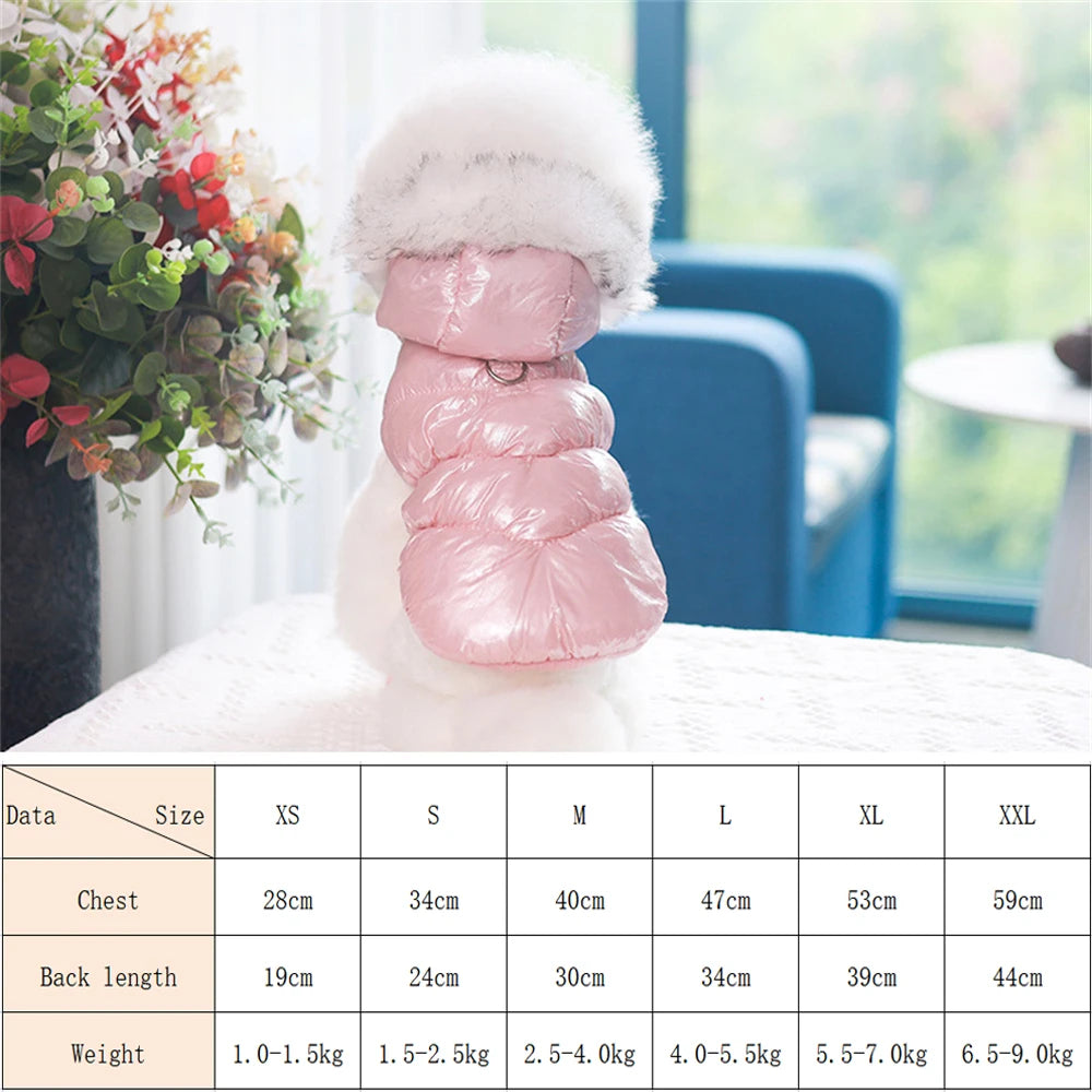 Pink puffer jacket with fur trim on a mannequin against a blurred indoor background