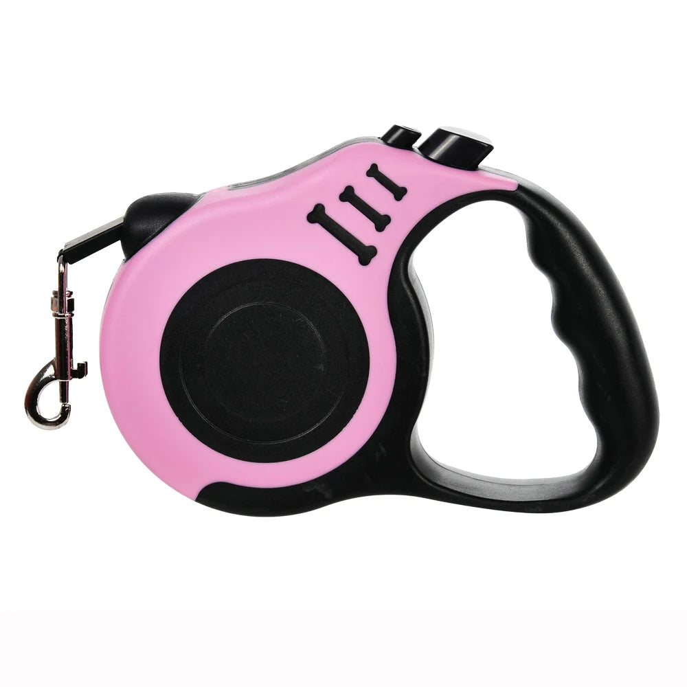 Pink and black retractable dog leash on a white background