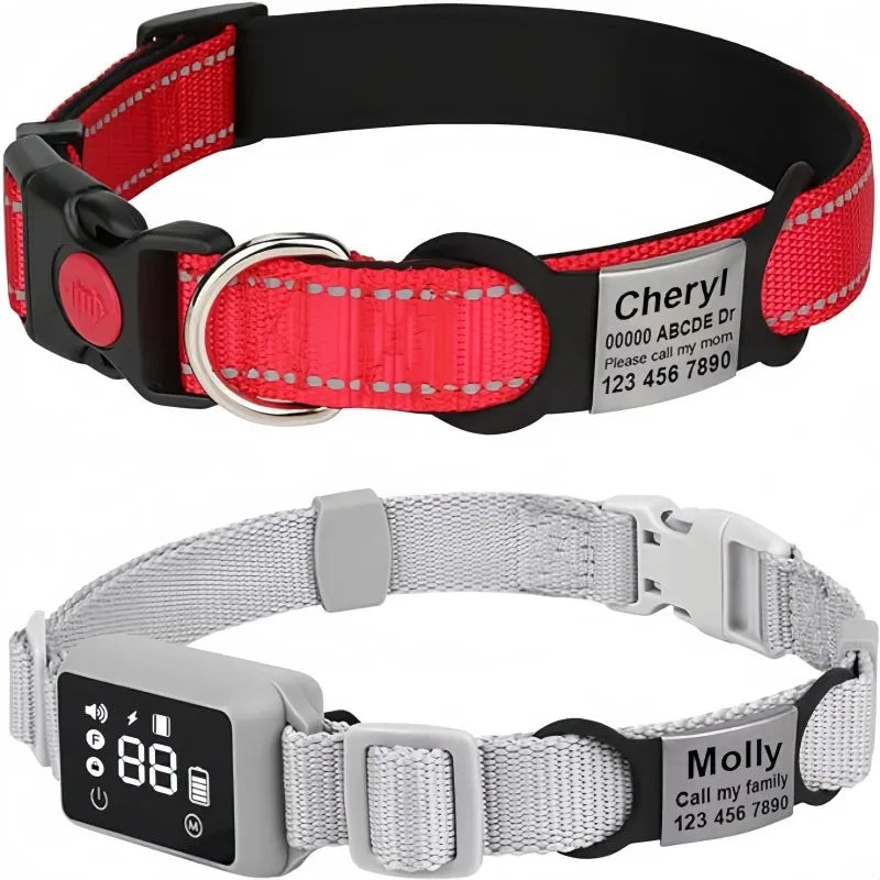 Two dog collars with embedded microchips and name tags on a white background.