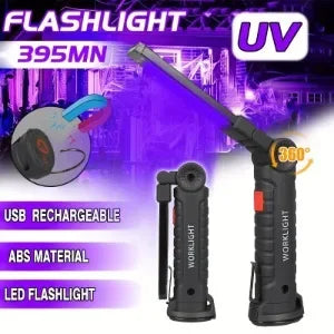 UV flashlight with USB rechargeable feature on a purple background