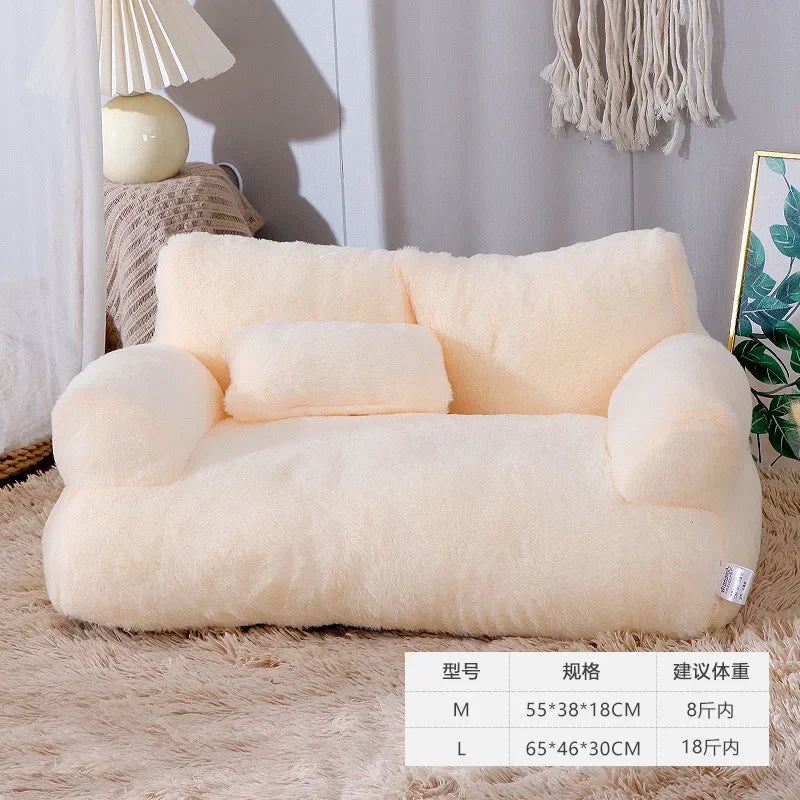 Fluffy white pet bed in a cozy room with a lamp and plant.