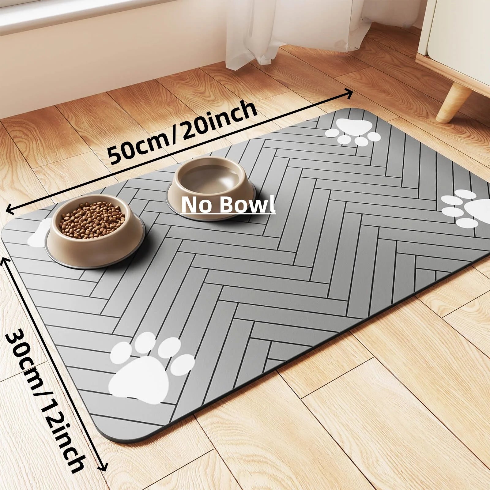 Gray pet mat with herringbone pattern and measurements, showing space for two bowls.