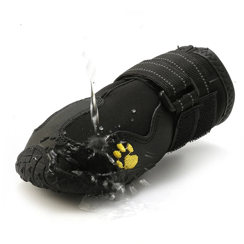 Black pet water proof shoes with a paw print design on a white background