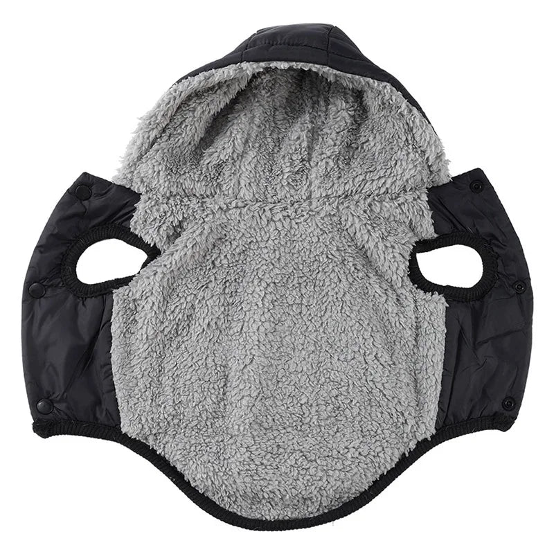 Gray fleece pet coat with black accents on a white background