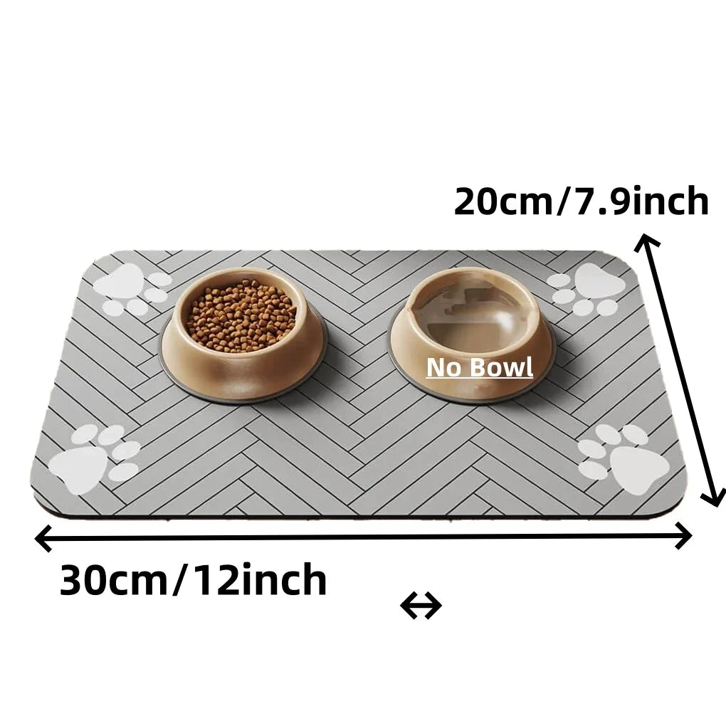 Pet mat with two bowls on a white background, showing dimensions.