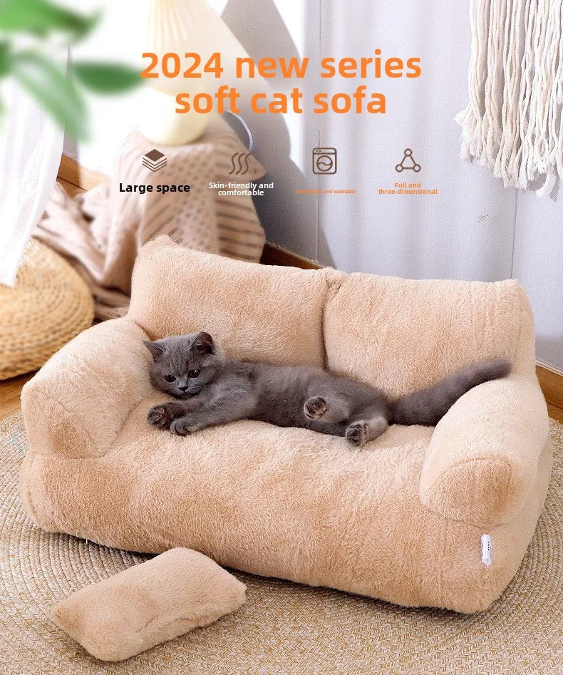 Beige soft cat sofa with a gray cat inside, labeled '2024 new series soft cat sofa'.