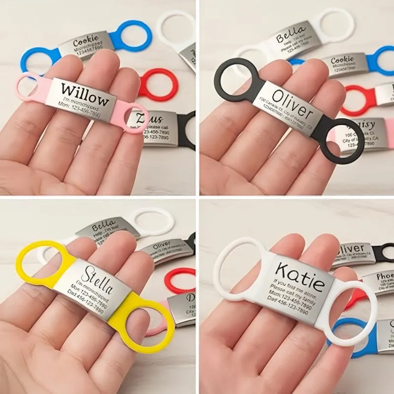 Four tags with names 'Willow', 'Oliver', 'Stella', and 'Katie' on a light background.