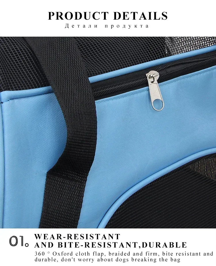 Blue pet carrier with black mesh and handle, featuring wear-resistant and bite-resistant properties.