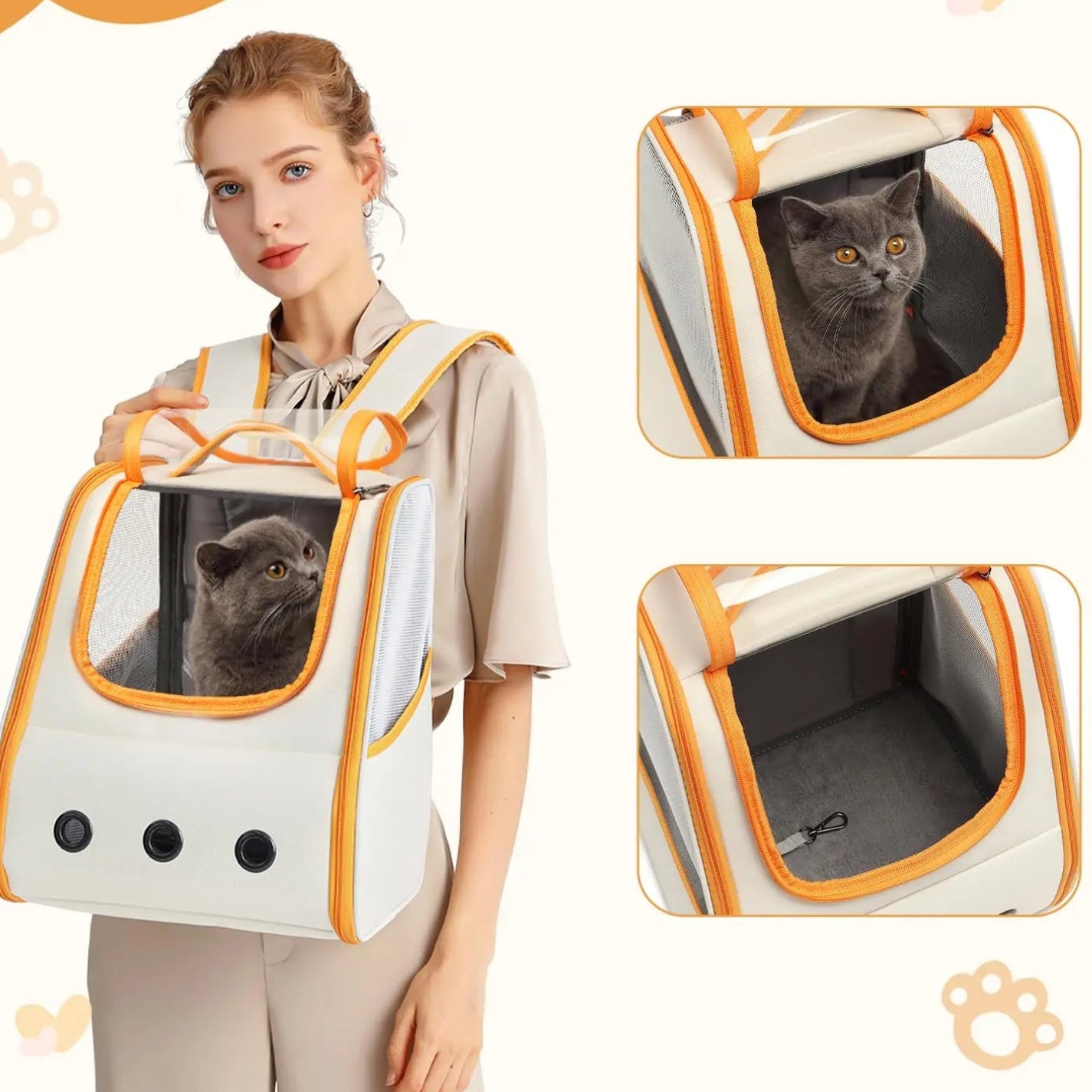 Woman holding a pet carrier with a cat inside, surrounded by close-up insets of the carrier.