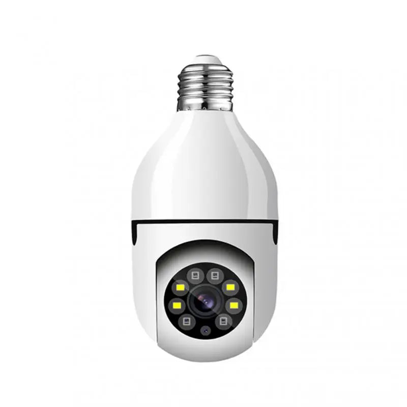 Smart light bulb camera with a white base on a white background