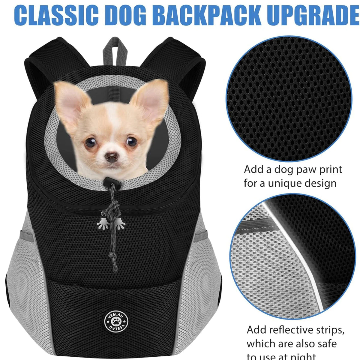 Pet backpack with a dog inside, featuring text and close-up details on design elements.