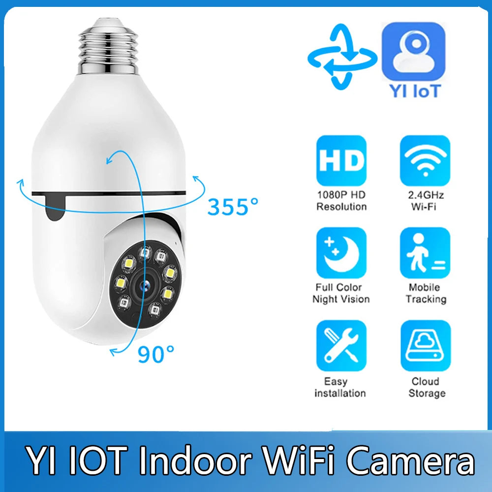 YI IOT indoor WiFi camera with features highlighted on a blue background