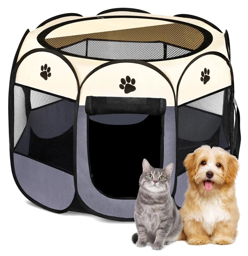 Pet playpen with a cat and a dog in front of it on a white background