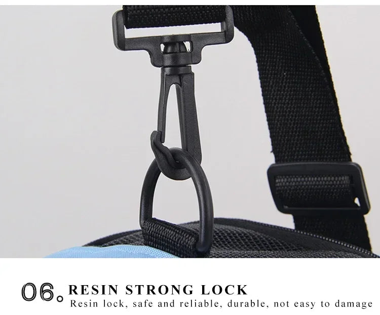 Close-up of a black resin strong lock on a bag strap with text describing its features.