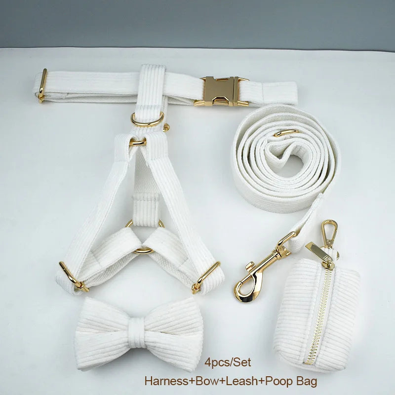 White dog harness, bow tie, leash, and poop bag set on a light gray background