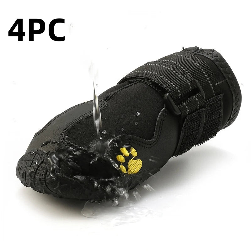 Black pet paw protection boot with water being poured onto it, on a white background.