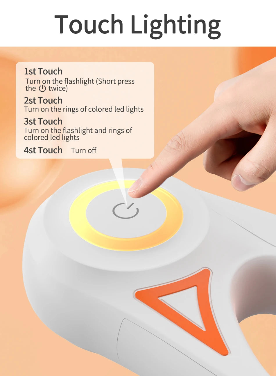 Hand interacting with a device labeled 'Touch Lighting' with instructions on how to use it.