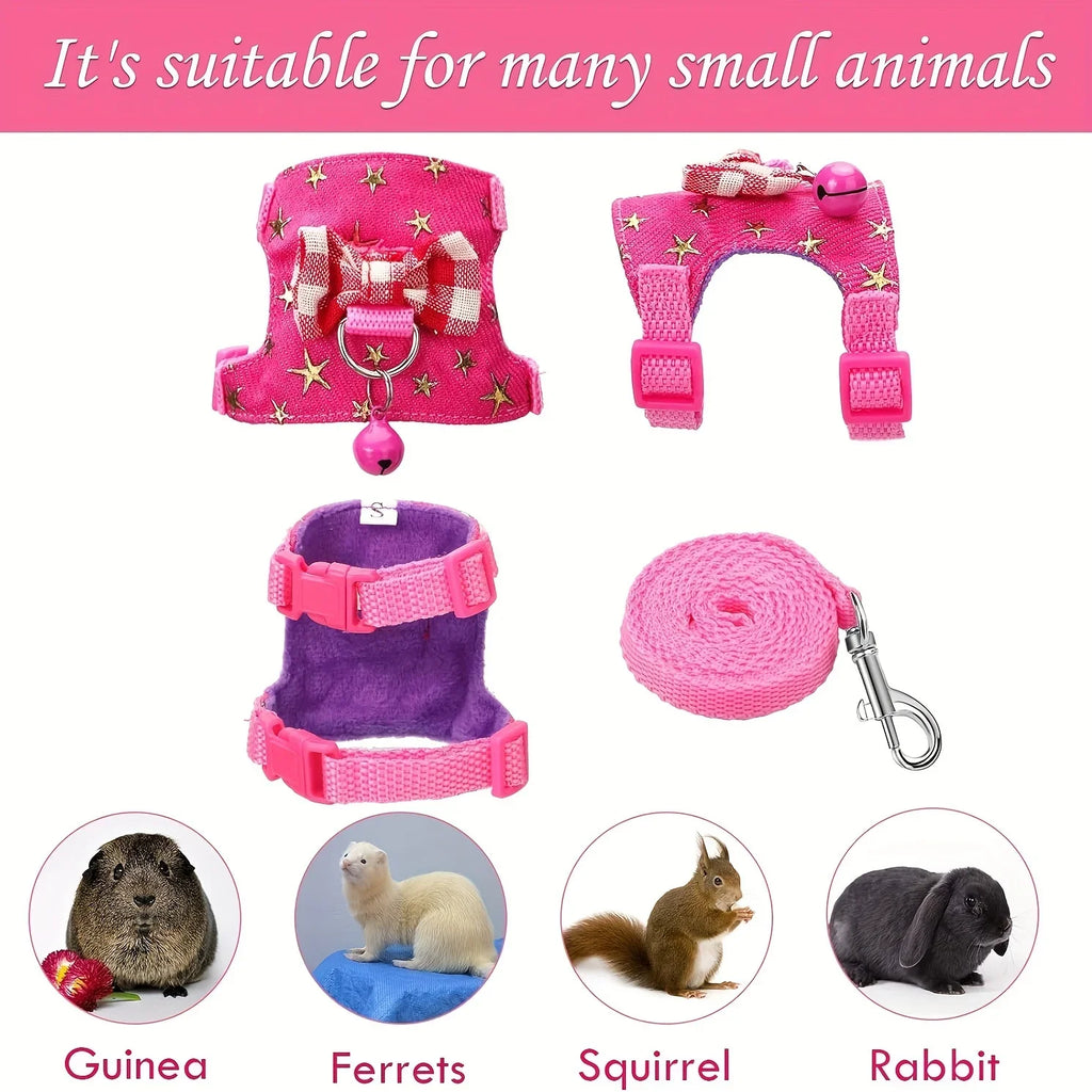 Pink and purple pet harnesses and leashes with small animal illustrations on a pink background.