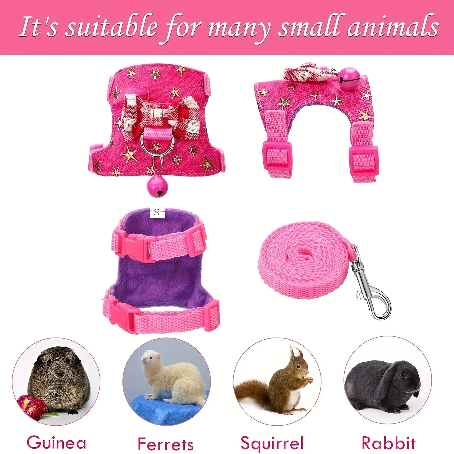 Pink and purple pet harnesses and leashes with small animal illustrations on a pink background.
