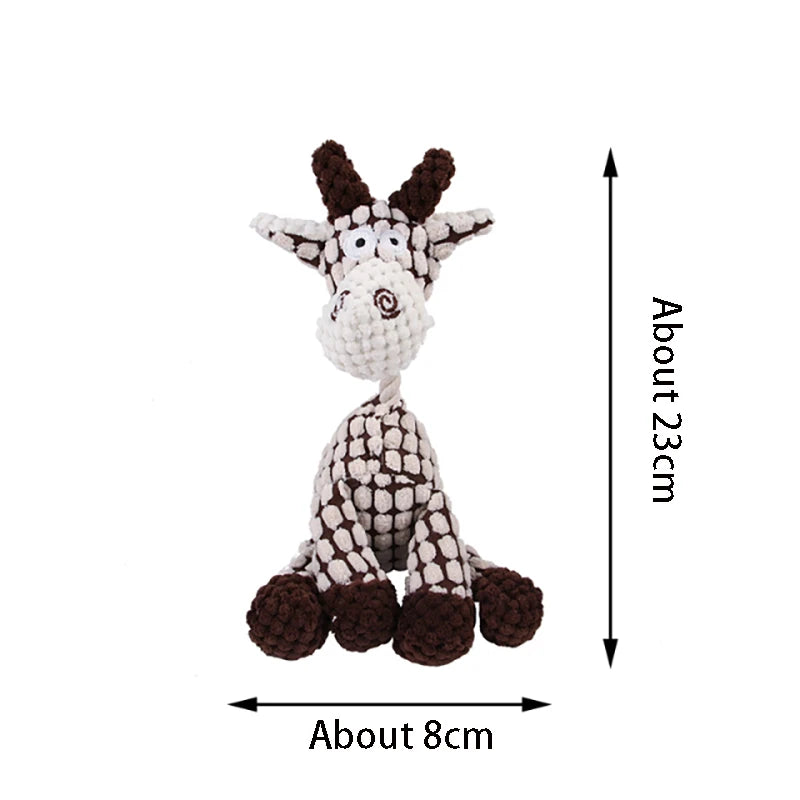 Goat-shaped plush toy with measurements on a white background