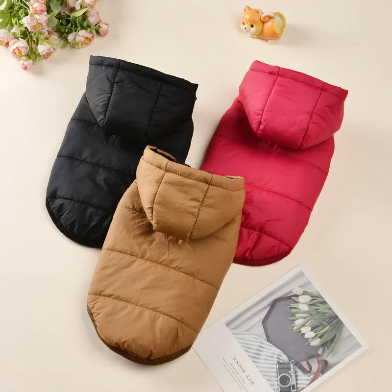 Three puffer dog coats in black, brown, and red on a light background.