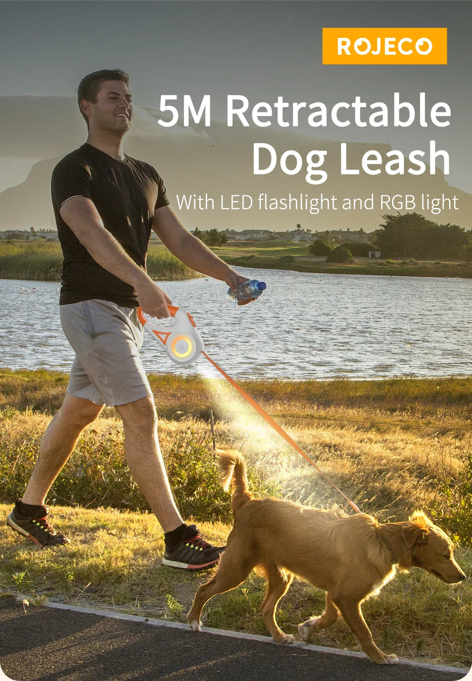 Man walking a dog on a leash with LED flashlight and RGB light, Rojeco brand visible
