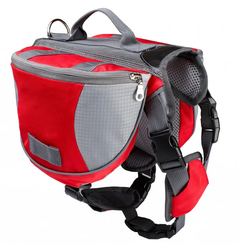 Red and gray dog storage packs close up view