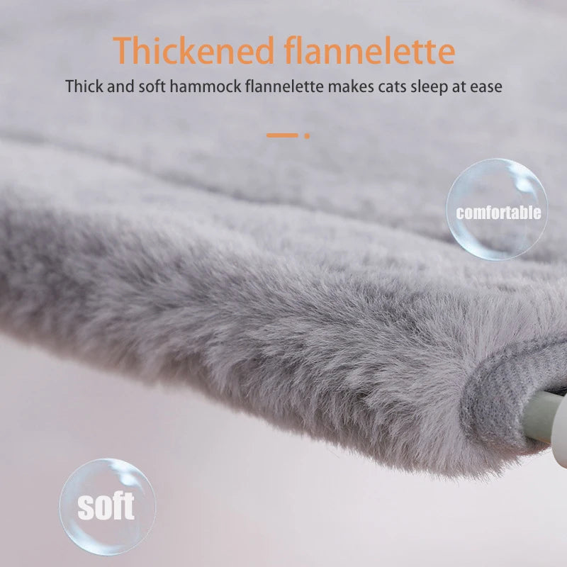 Thickened flannelette hammock for cats with text highlighting comfort and softness.