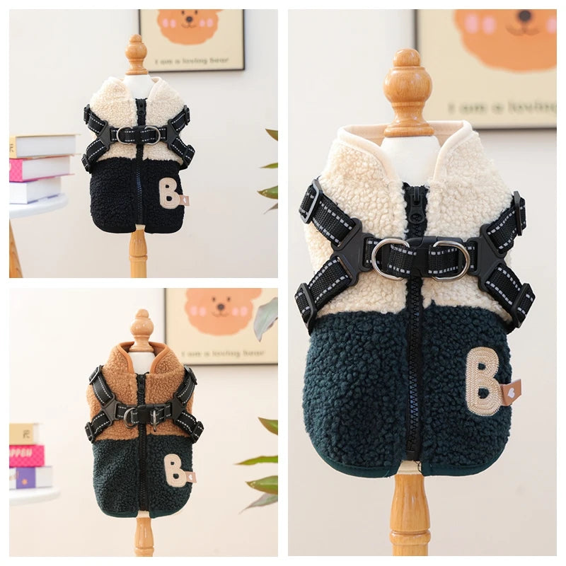Pet coat with harness on a mannequin against a neutral background