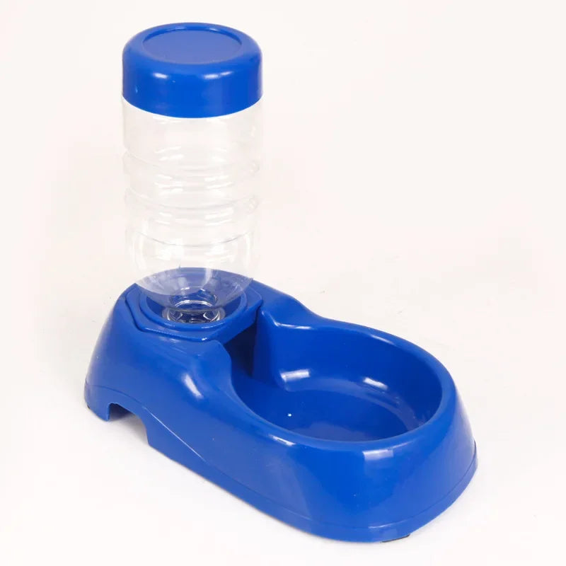 Blue pet water bottle and bowl set on a white background