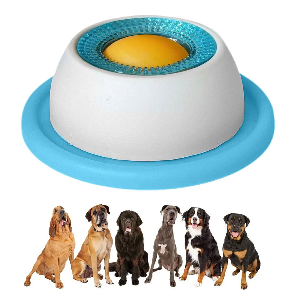 Pet toy with blue base and white top, surrounded by six dogs of different breeds on a white background