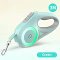 Green retractable dog leash with 3M label on a light beige background