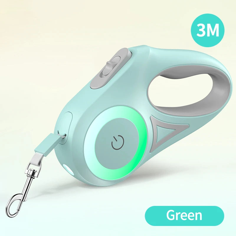 Green retractable dog leash with 3M label on a light beige background