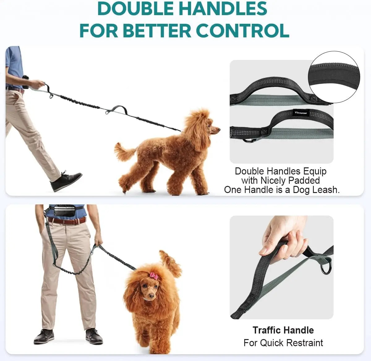 Dog leash with double handles for better control, featuring a person walking a dog.