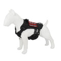 Black service dog harness with red label on a white background