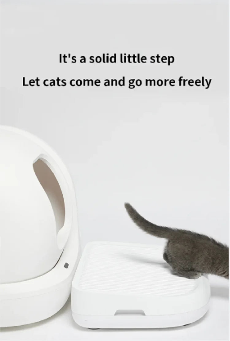 Cat using a white cylindrical pet product with text on a light gray background