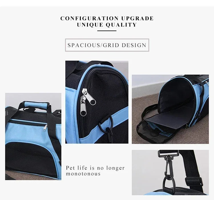 Pet carrier with blue and black design, featuring grid pattern and spacious interior.