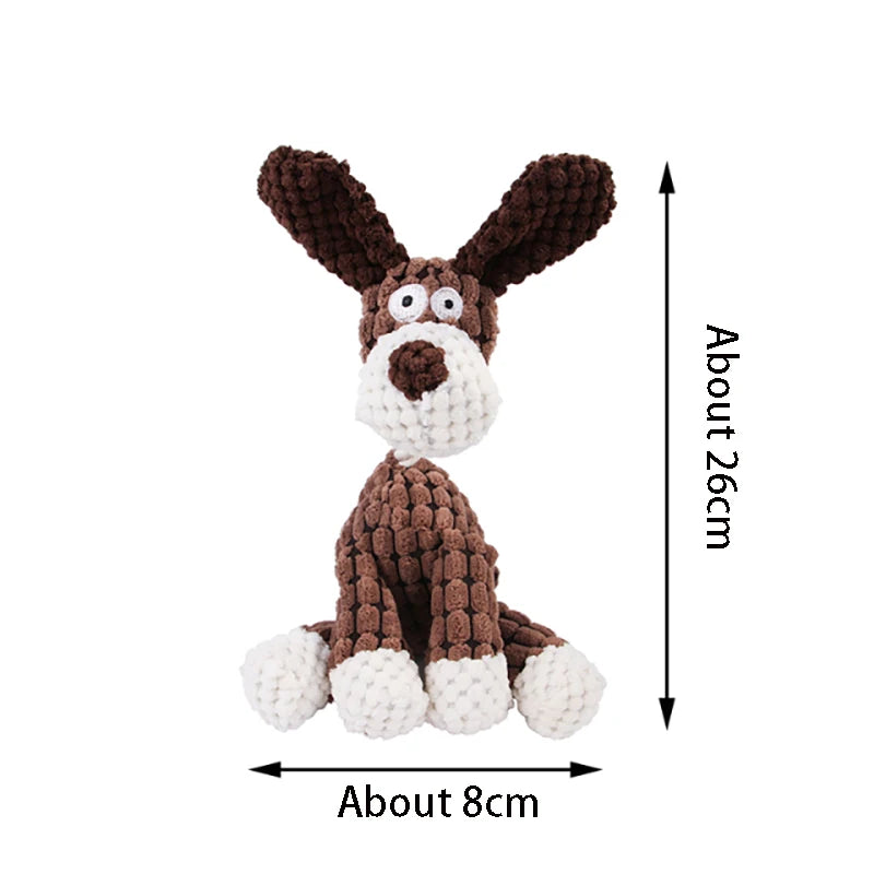 Brown and white knitted dog toy with measurements on a white background
