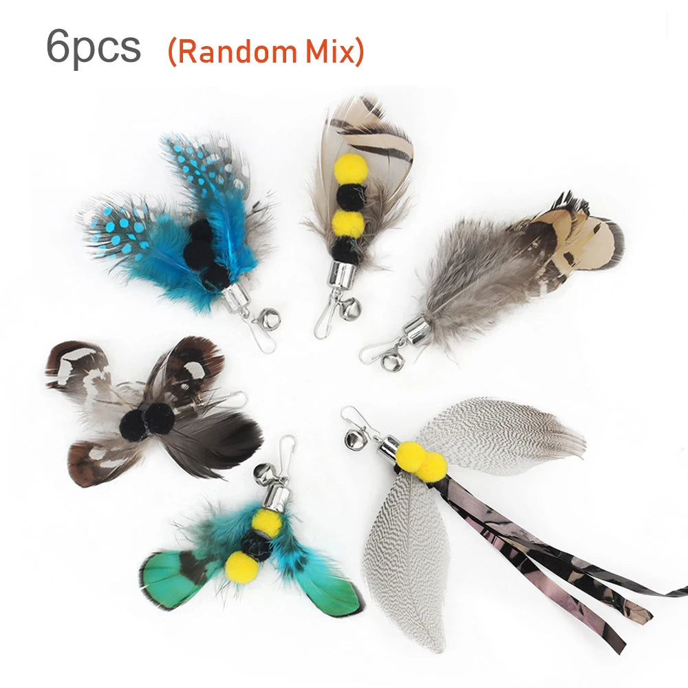 Six feathered cat toys mix colors on a white background